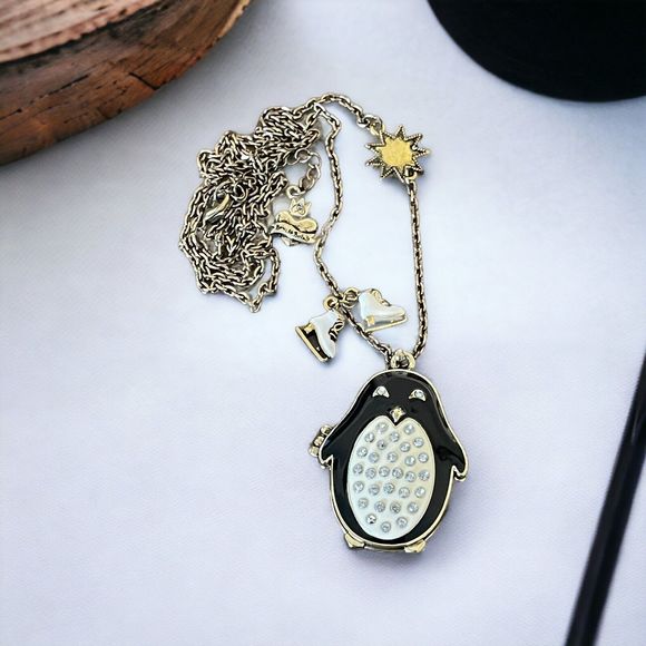 Princess Vera Wang Penguin Locket Necklace Rhinestones Enamel Skates Star Heart - Picture 1 of 6
